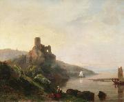 Pieter Lodewyk Kuhnen Romantic Rhine landscape with ruin at sunset France oil painting artist